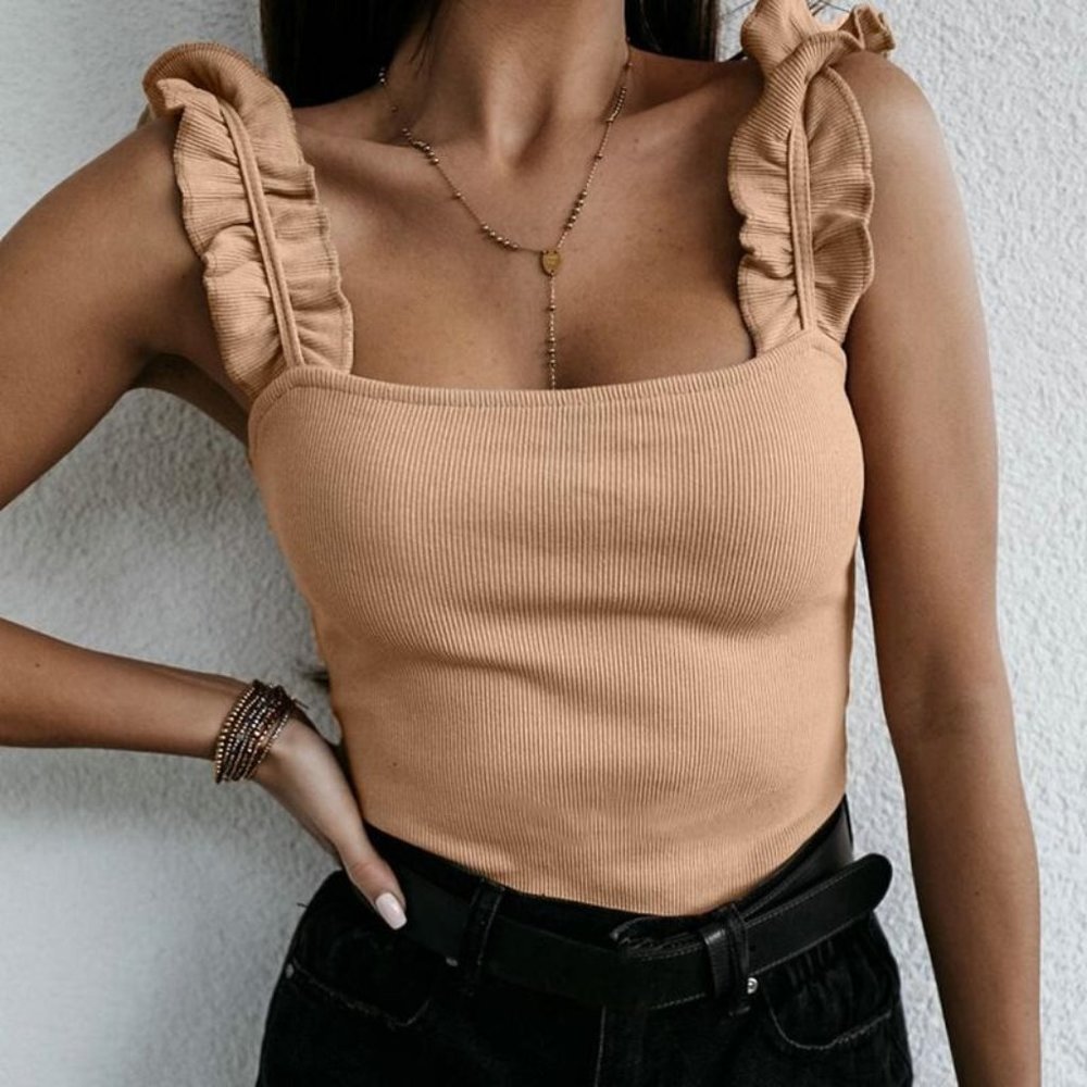 Square Ribbed Ruffle Tops